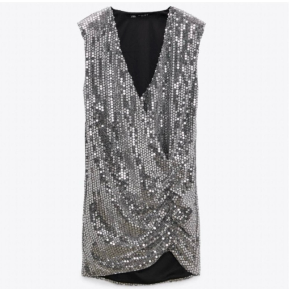 ZARA Drapped Wrap Silver a neck Sequin Shoulder Padded Deess